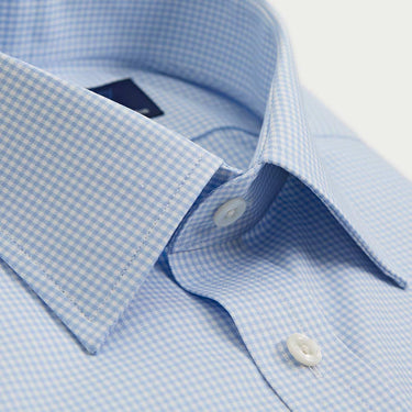 Contemporary Fit Light Blue Small Gingham Check Twill Cotton Shirt with Classic Collar & Two Button Cuff