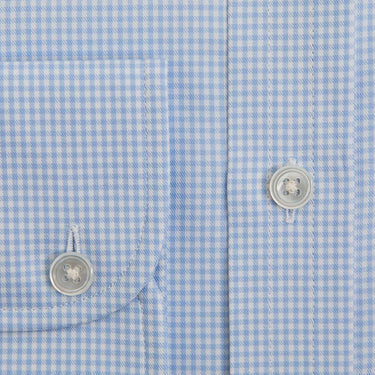 Contemporary Fit Light Blue Small Gingham Check Twill Cotton Shirt with Classic Collar & Two Button Cuff