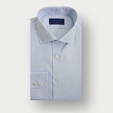 Contemporary Fit Light Blue Textured Check Cotton Shirt with Cut - Away Collar & Two Button Cuff