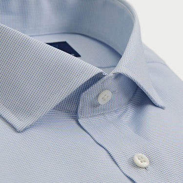 Contemporary Fit Light Blue Textured Check Cotton Shirt with Cut - Away Collar & Two Button Cuff