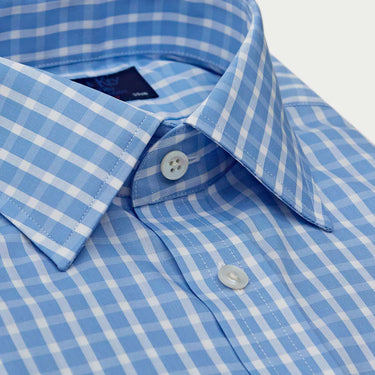 Contemporary Fit Light Blue & White Wide Check Cotton Shirt with Classic Collar & Two Button Cuff