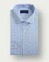 Contemporary Fit Light Blue Wide Gingham Check Cotton Shirt with Cut - Away Collar & Two Button Cuff