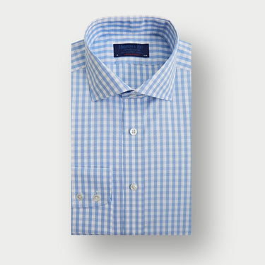 Contemporary Fit Light Blue Wide Gingham Check Cotton Shirt with Cut - Away Collar & Two Button Cuff