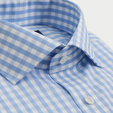 Contemporary Fit Light Blue Wide Gingham Check Cotton Shirt with Cut - Away Collar & Two Button Cuff