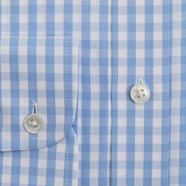 Contemporary Fit Light Blue Wide Gingham Check Cotton Shirt with Cut - Away Collar & Two Button Cuff