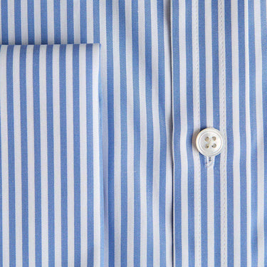 Contemporary Fit Mid Blue Bengal Stripe Cotton Shirt with Classic Collar & Two Button Cuff