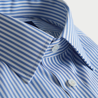Contemporary Fit Mid Blue Bengal Stripe Cotton Shirt with Classic Collar & Two Button Cuff