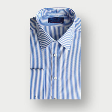 Contemporary Fit Mid Blue Bengal Stripe Cotton Shirt with Classic Collar & Two Button Cuff