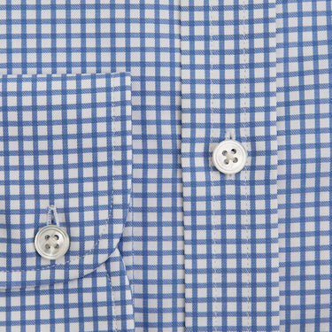 Contemporary Fit Mid Blue Check Cotton Twill Shirt with Classic Collar & Two Button Cuff