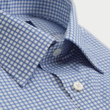 Contemporary Fit Mid Blue Check Cotton Twill Shirt with Classic Collar & Two Button Cuff