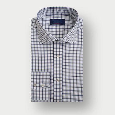 Contemporary Fit Navy Double Check Cotton Twill Shirt with Cut - Away Collar & Two Button Cuff