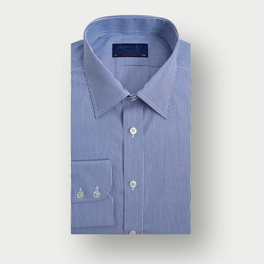 Contemporary Fit Navy Fine Bengal Stripe Cotton Shirt with Classic Collar & Two Button Cuff