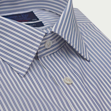 Contemporary Fit Navy Fine Double Stripe Sea Island Quality Cotton Shirt with Classic Collar & Double Cuff