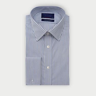 Contemporary Fit Navy Fine Double Stripe Sea Island Quality Cotton Shirt with Classic Collar & Double Cuff
