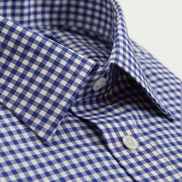 Contemporary Fit Navy Gingham Check Cotton Twill Shirt with Classic Collar & Two Button Cuff