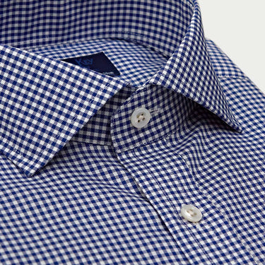 Contemporary Fit Navy Gingham Check Oxford Cotton Shirt with Cut - Away Collar & Two Button Cuff