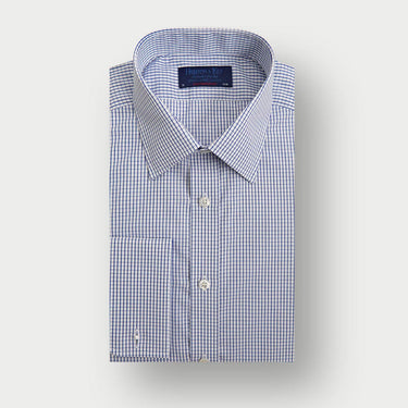 Contemporary Fit Navy Grid Check Cotton Shirt with Classic Collar & Double Cuff
