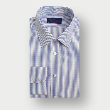 Contemporary Fit Navy Grid Check Cotton Shirt with Classic Collar & Two Button Cuff