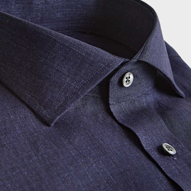 Contemporary Fit Plain Navy Linen Shirt with Cut - Away Collar & Two Button Cuff