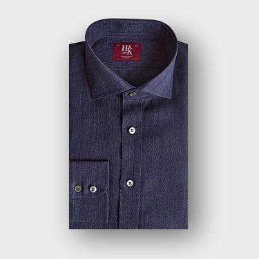 Contemporary Fit Plain Navy Linen Shirt with Cut - Away Collar & Two Button Cuff