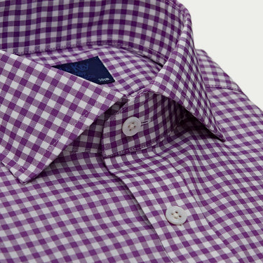 Contemporary Fit Purple Gingham Check Twill Cotton Shirt with Cut - Away Collar & Two Button Cuff