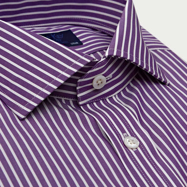 Contemporary Fit Purple & White Stripe Cotton Shirt with Cut - Away Collar & Double Cuff