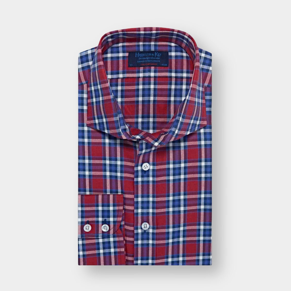 Contemporary Fit Red & Check Oxford Cotton Shirt Cut away Collar & Two Button Cuff