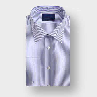Contemporary Fit Royal Blue Stripe Sea Island Quality Cotton Shirt with Classic Collar & Double Cuff