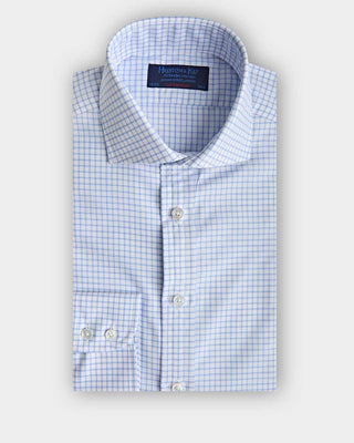 Contemporary Fit Sky Blue Check Cotton Shirt with Cut - away Collar & Two Button Cuff