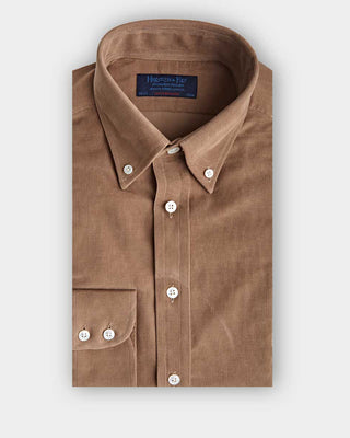 Contemporary Fit Tan Fine Corduroy Shirt with Button Down Collar & Two Button Cuff