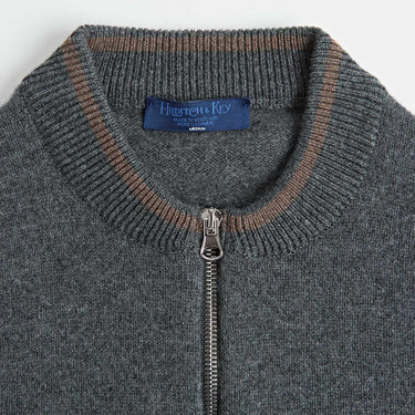 Grey Cashmere Baseball Cardigan with Brown Trim