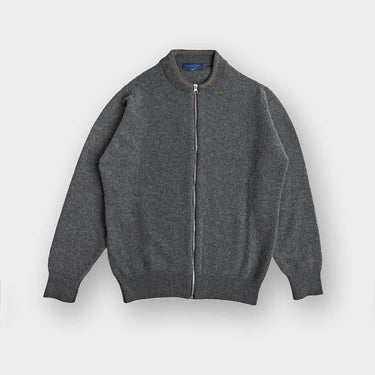 Grey Cashmere Baseball Cardigan with Brown Trim