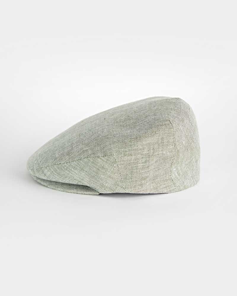 Light Olive Micro Herringbone Linen Flat Cap Bates Hats