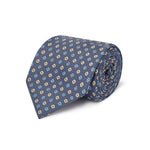 Navy, Gold & Blue Printed Silk Tie With White Flowers