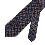 Navy Woven Silk Tie With Silver & Brown Flowers
