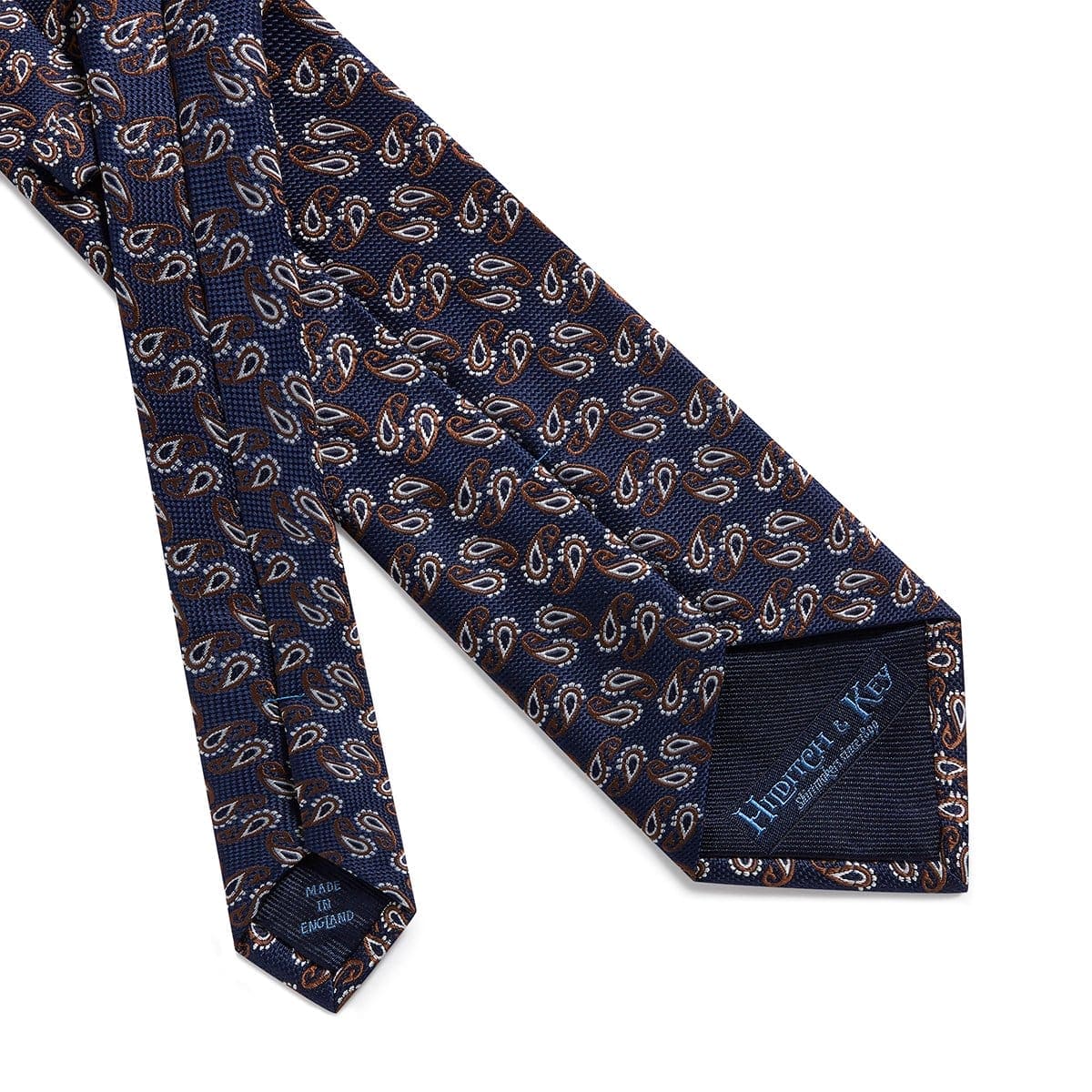 Navy Woven Silk Tie With Silver & Brown Flowers