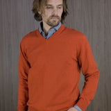 Plain Dark Orange 2-Ply Cashmere V-Neck Pullover
