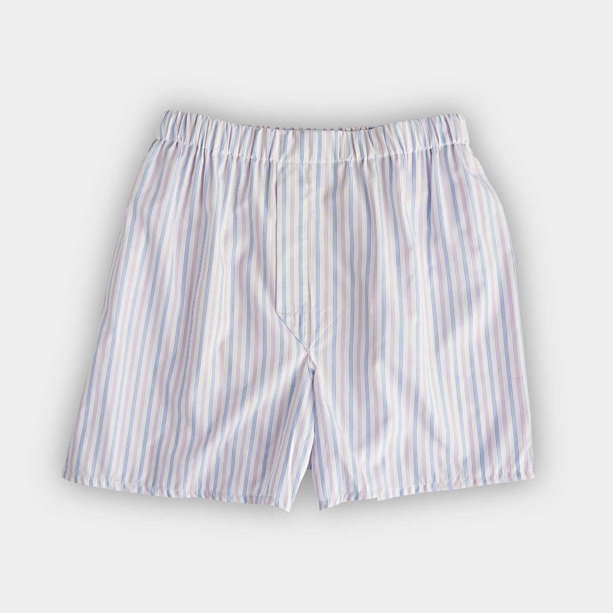 White Blue & Lilac Stripe Cotton Poplin Boxer Shorts