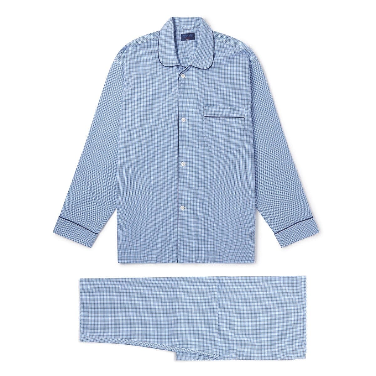 Aqua Blue & Navy Graph Overcheck Cotton Pyjamas With Navy Piping