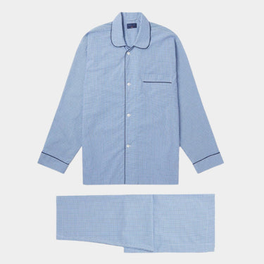 Aqua Blue & Navy Graph Overcheck Cotton Pyjamas With Navy Piping