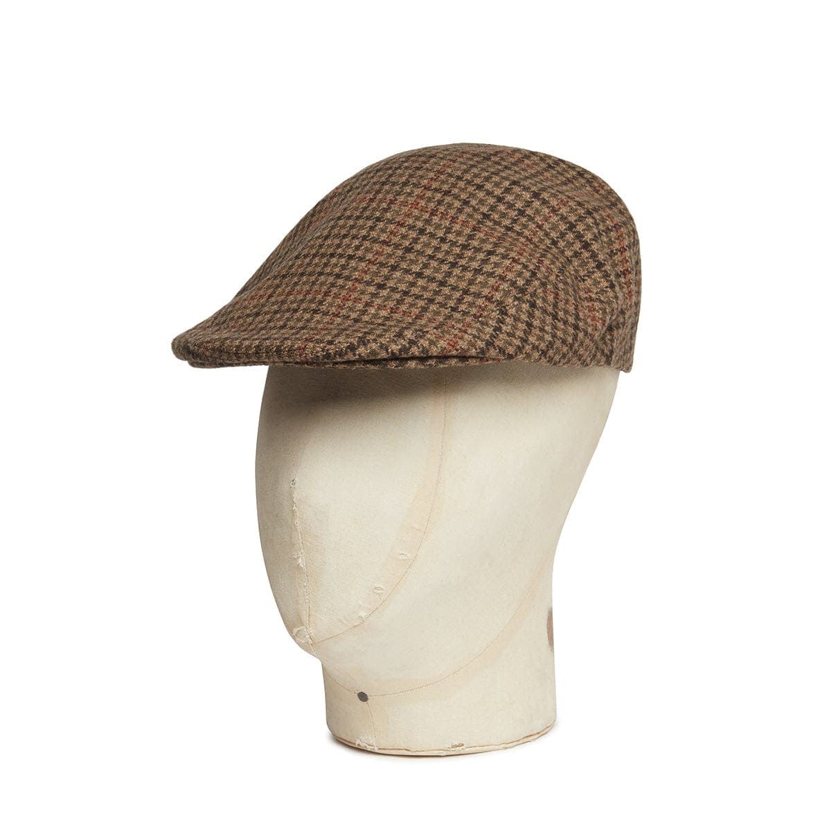 Beige, Brown & Orange Houndstooth Overcheck Wool Flat Cap