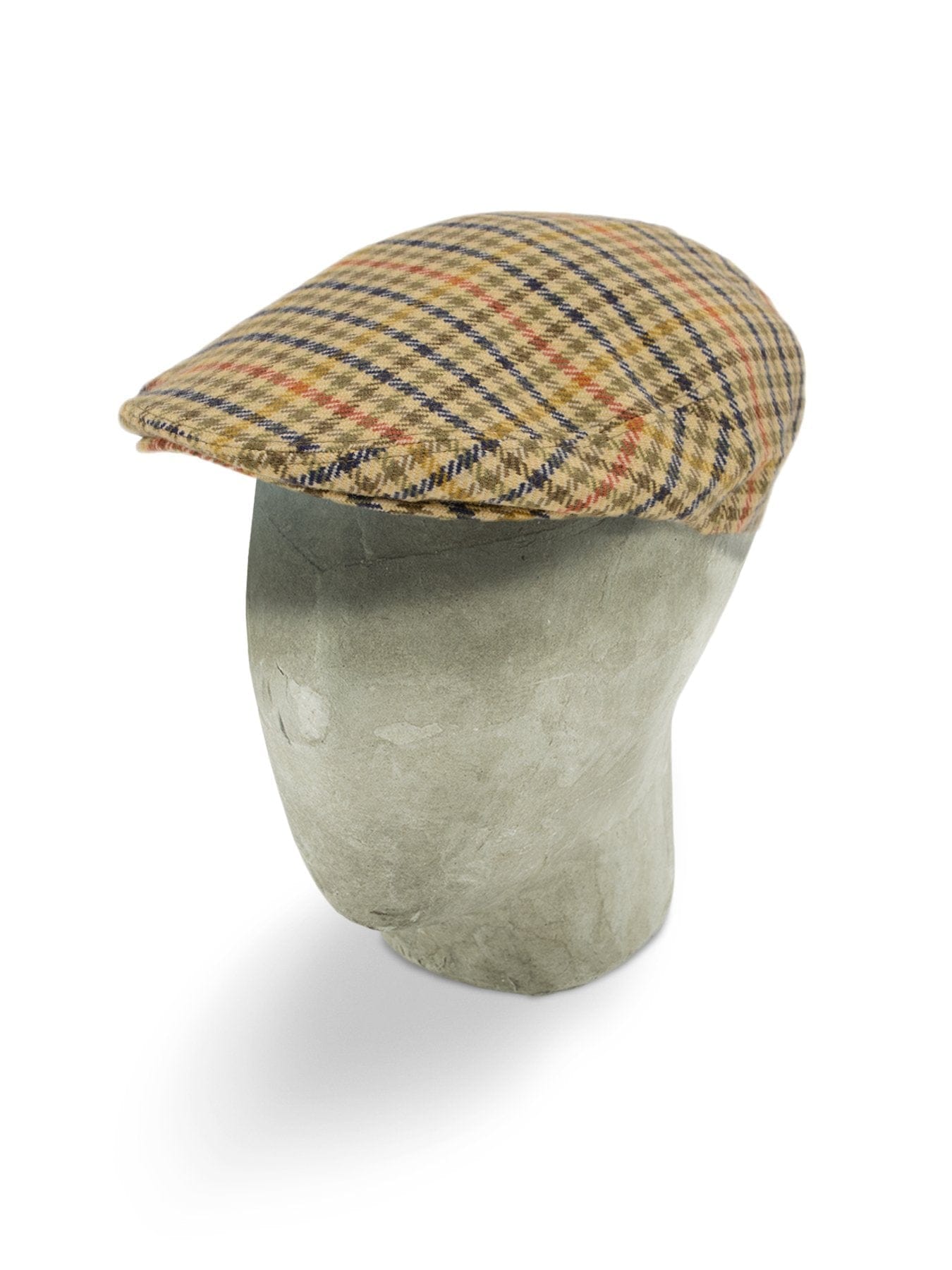 Beige, Navy & Red Houndstooth Check Wool Flat Cap
