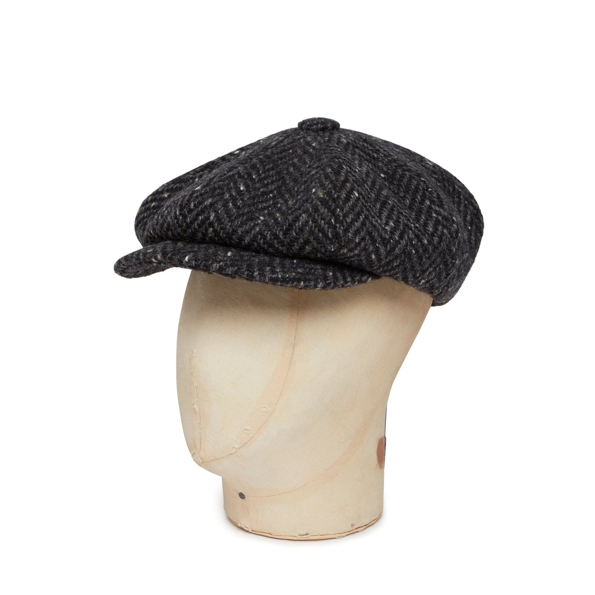 Black & Grey Heavyleight Herringbone Donegal Tweed Woollen Gatsby Cap