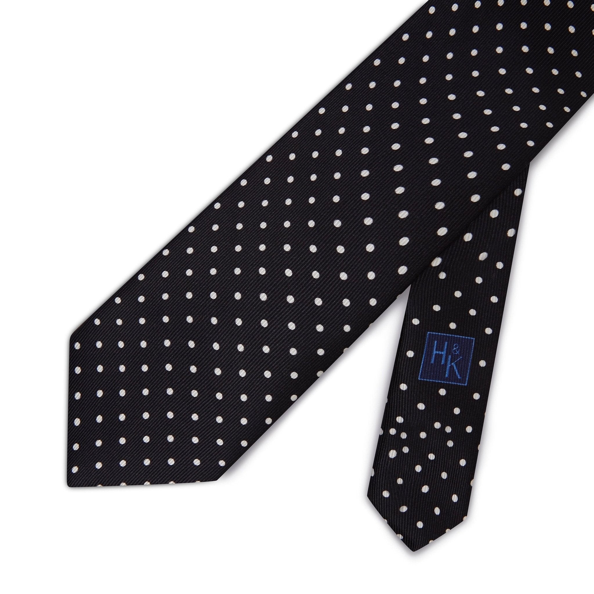 Black Printed Silk Tie with White Medium Spots - Hilditch & Key