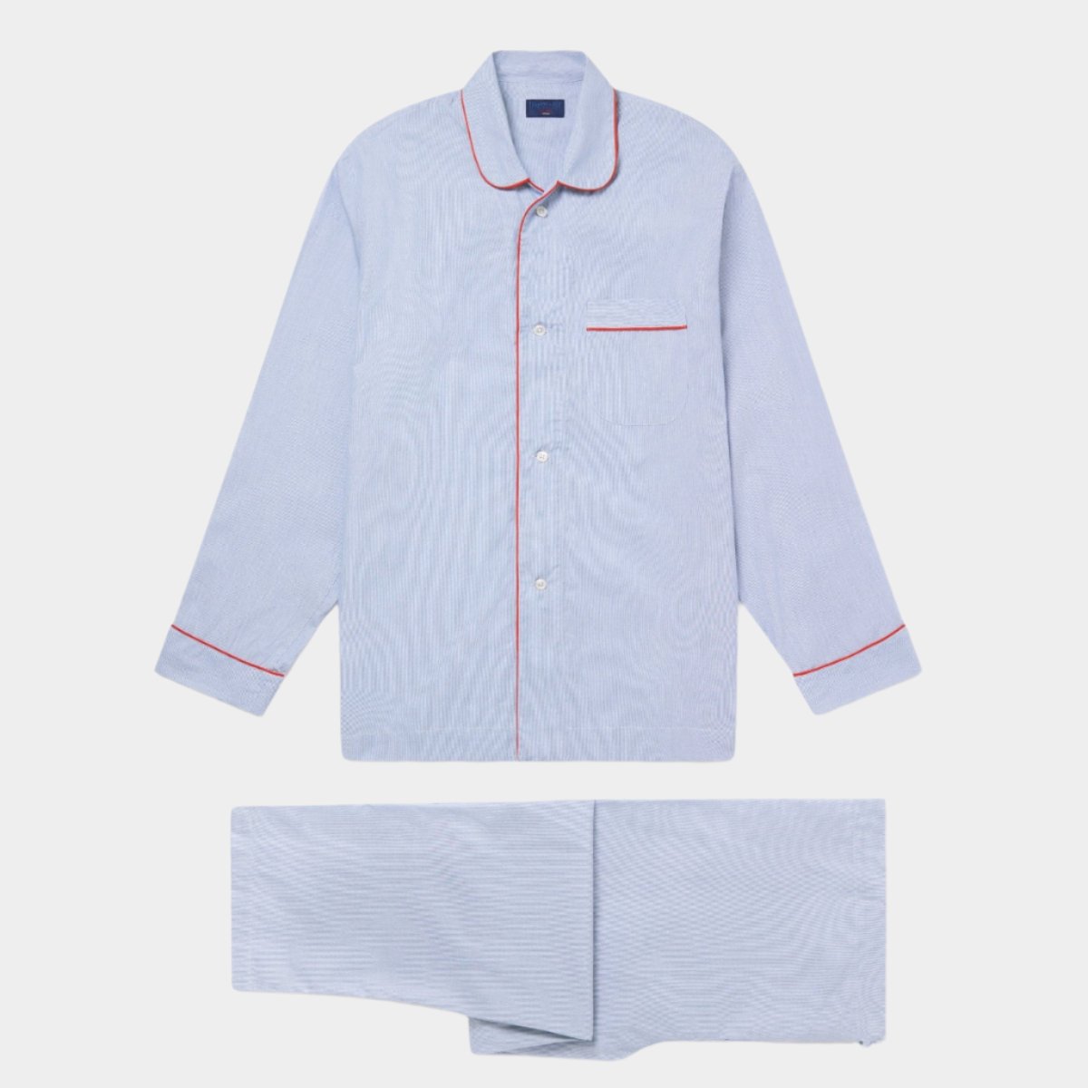 Blue Fine Bengal Stripe Cotton Pyjamas With Red Piping | Hilditch & Key