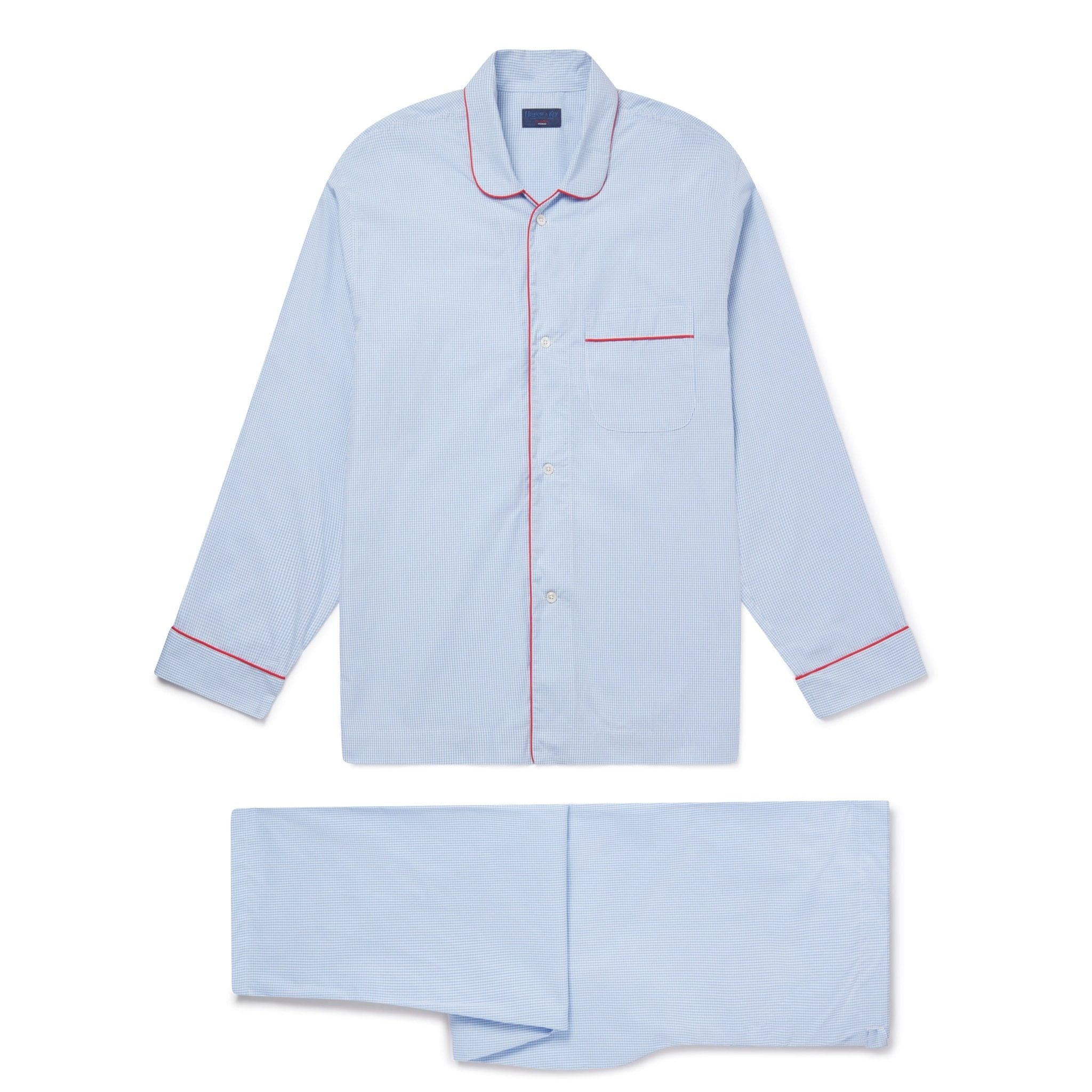 Blue Gingham Check Cotton Pyjamas With Red Piping