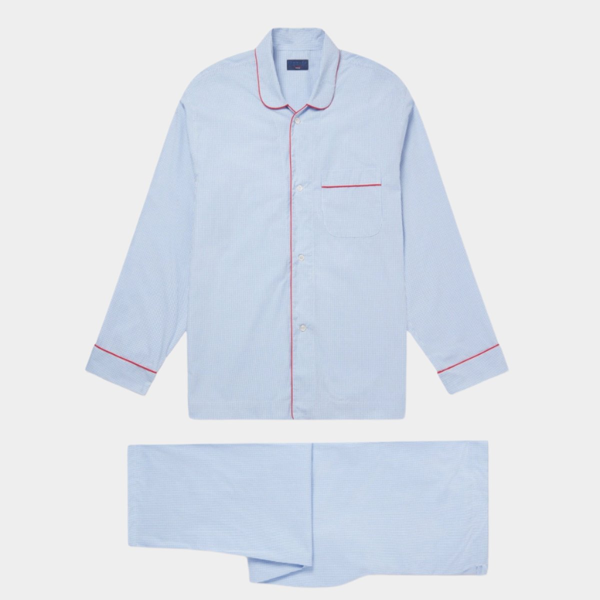 Blue Gingham Check Cotton Pyjamas With Red Piping | Hilditch & Key