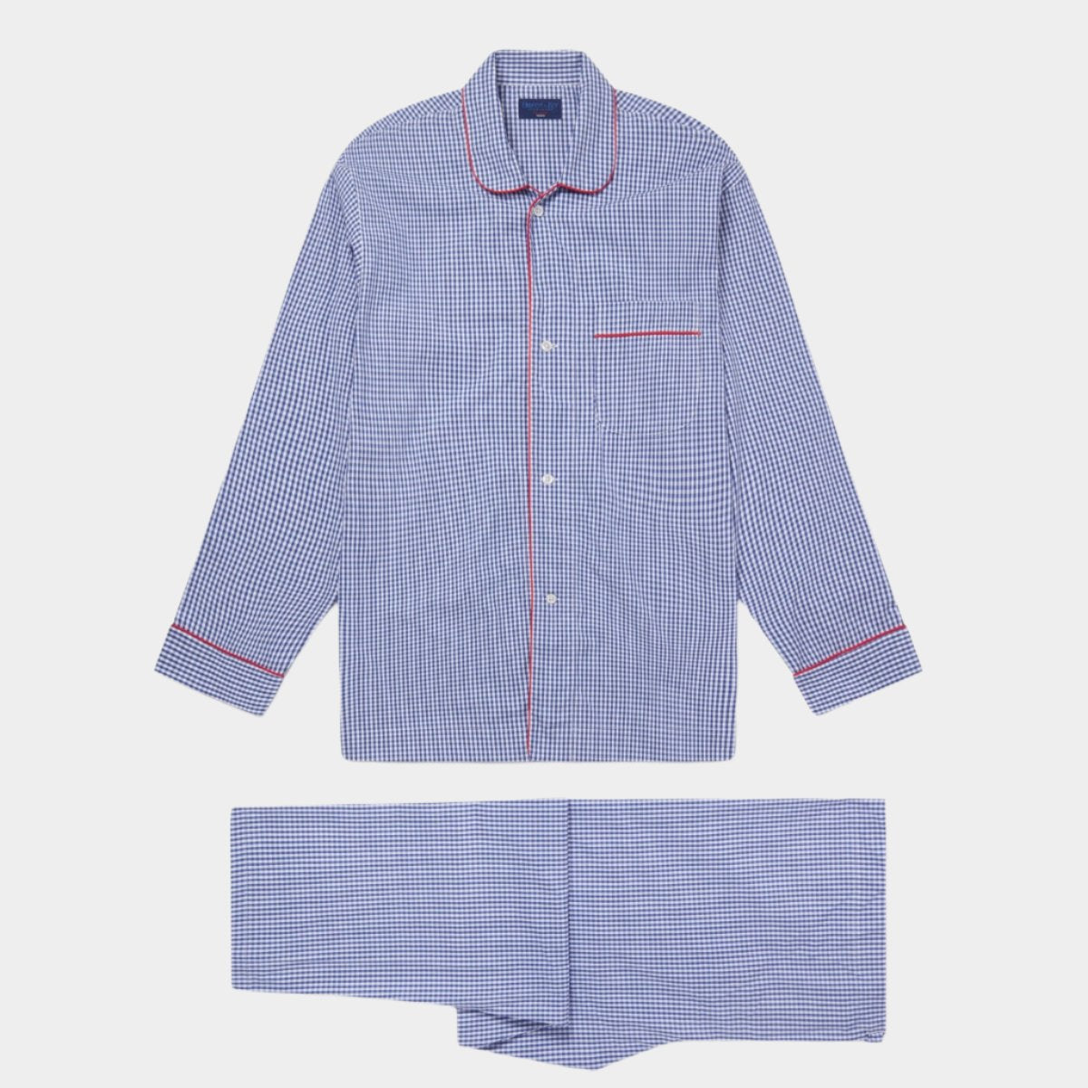 Blue Gingham Check Cotton Pyjamas With Red Piping | Hilditch & Key