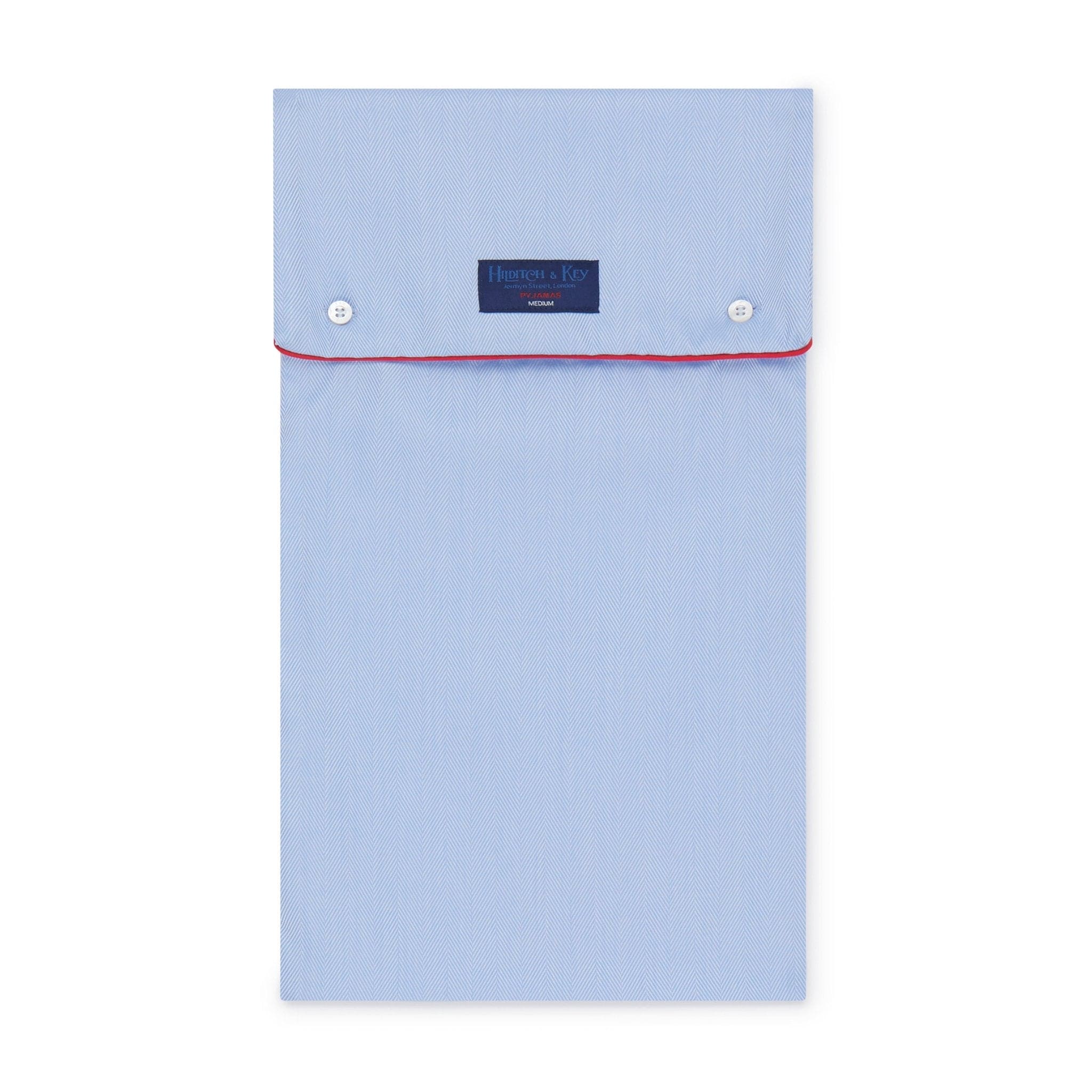 Blue Herringbone Cotton Pyjamas With Red Piping