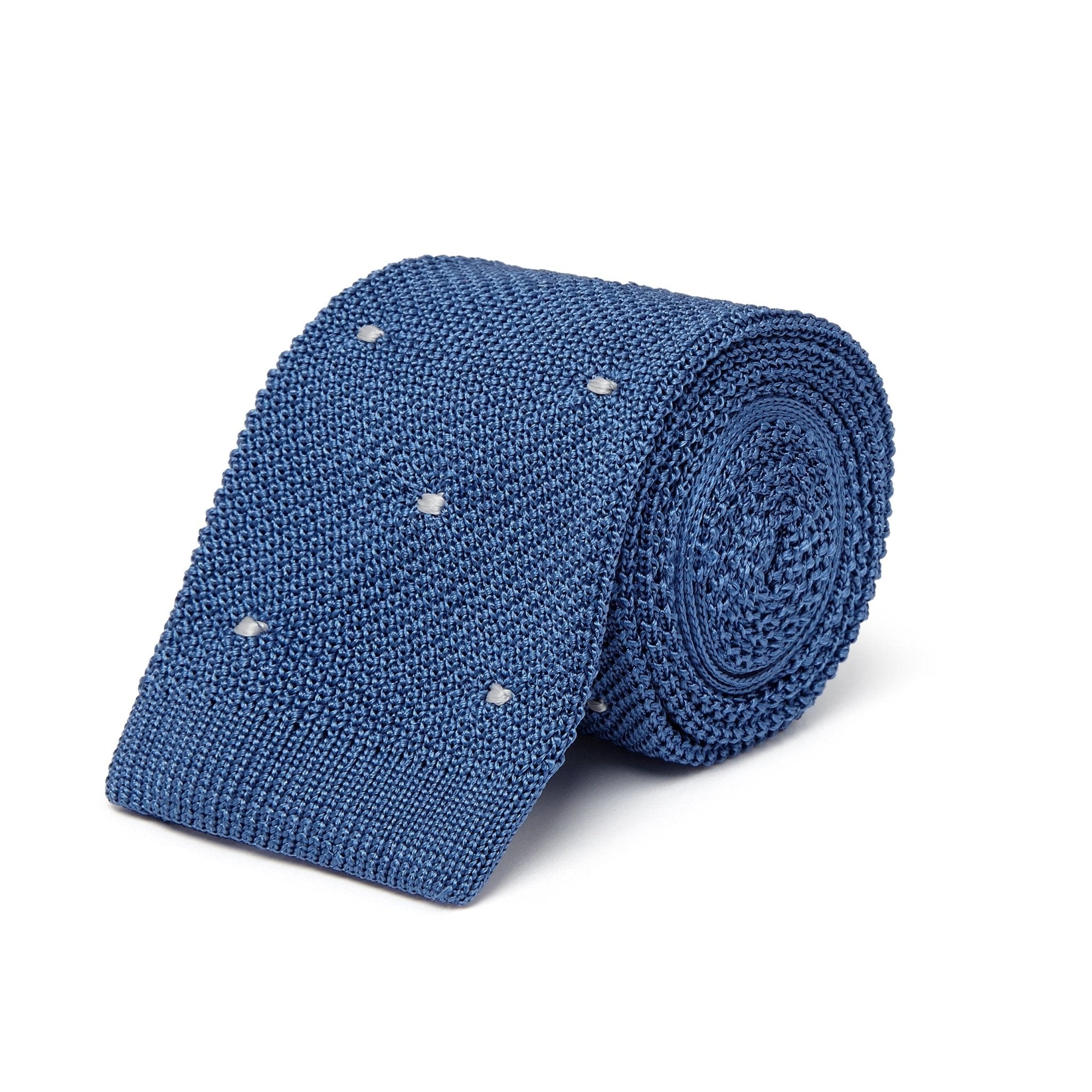 Blue Knitted Silk Tie with White Spots - Hilditch & Key